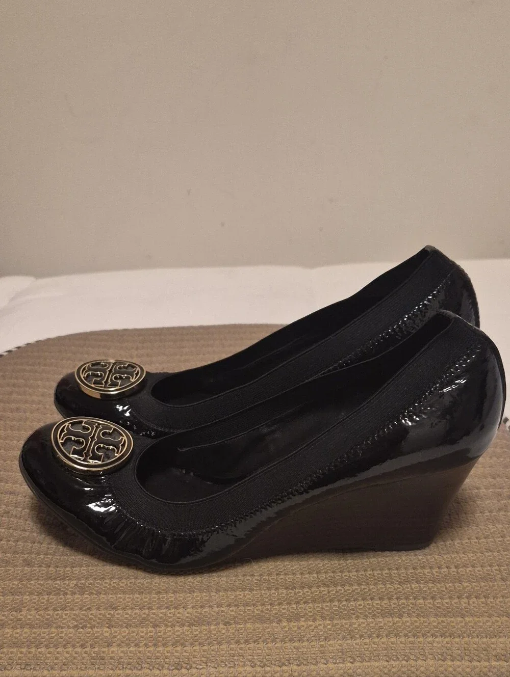 Tory Burch Black Patent Wedge Ballet Flats with Gold Logo